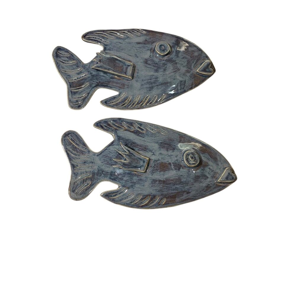 Coastal Studio Pottery Fish Wall Hanging Art Beach House Decor Ceramic Set of 2